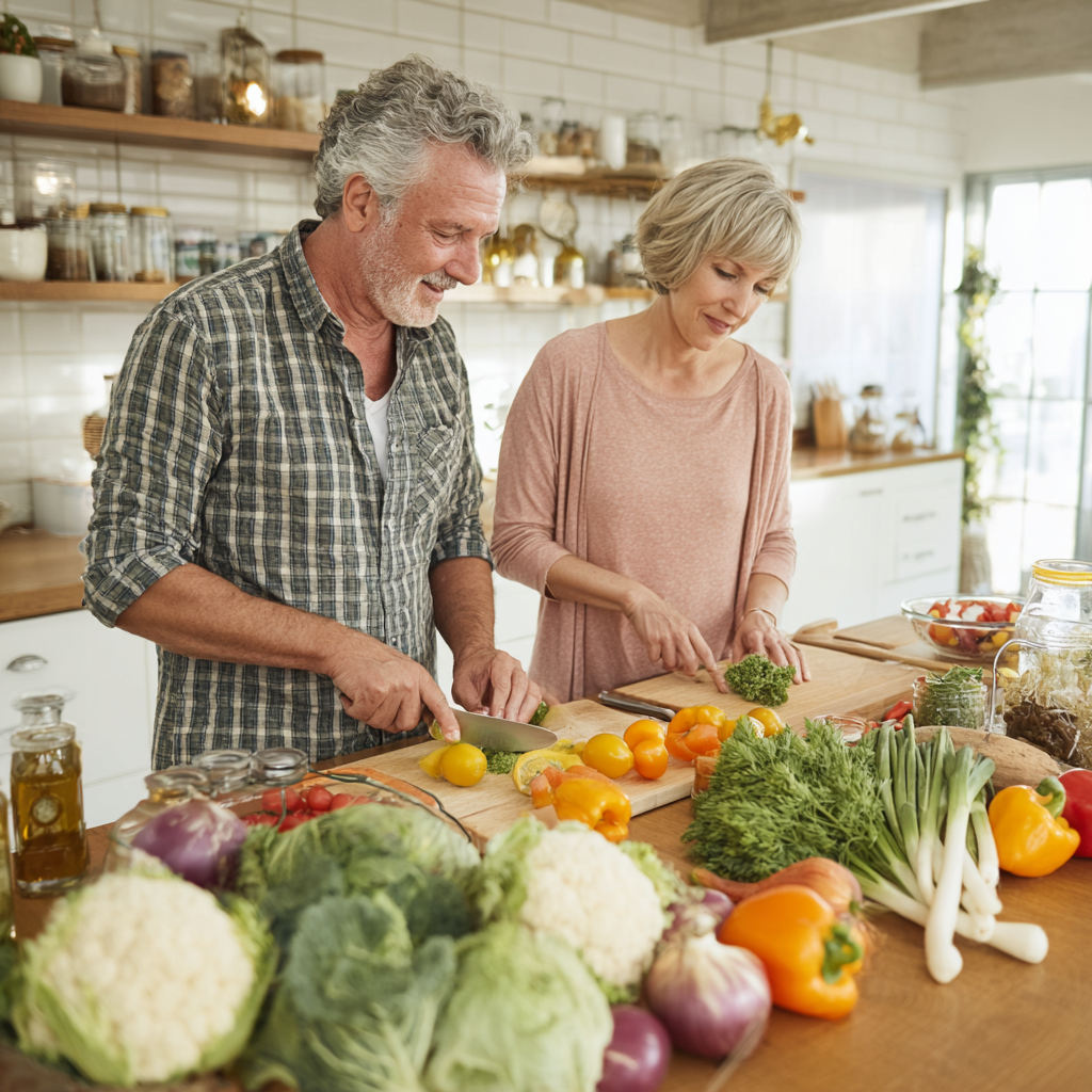Middle-aged adults preparing fresh vegetables in a bright kitchen with natural ingredients